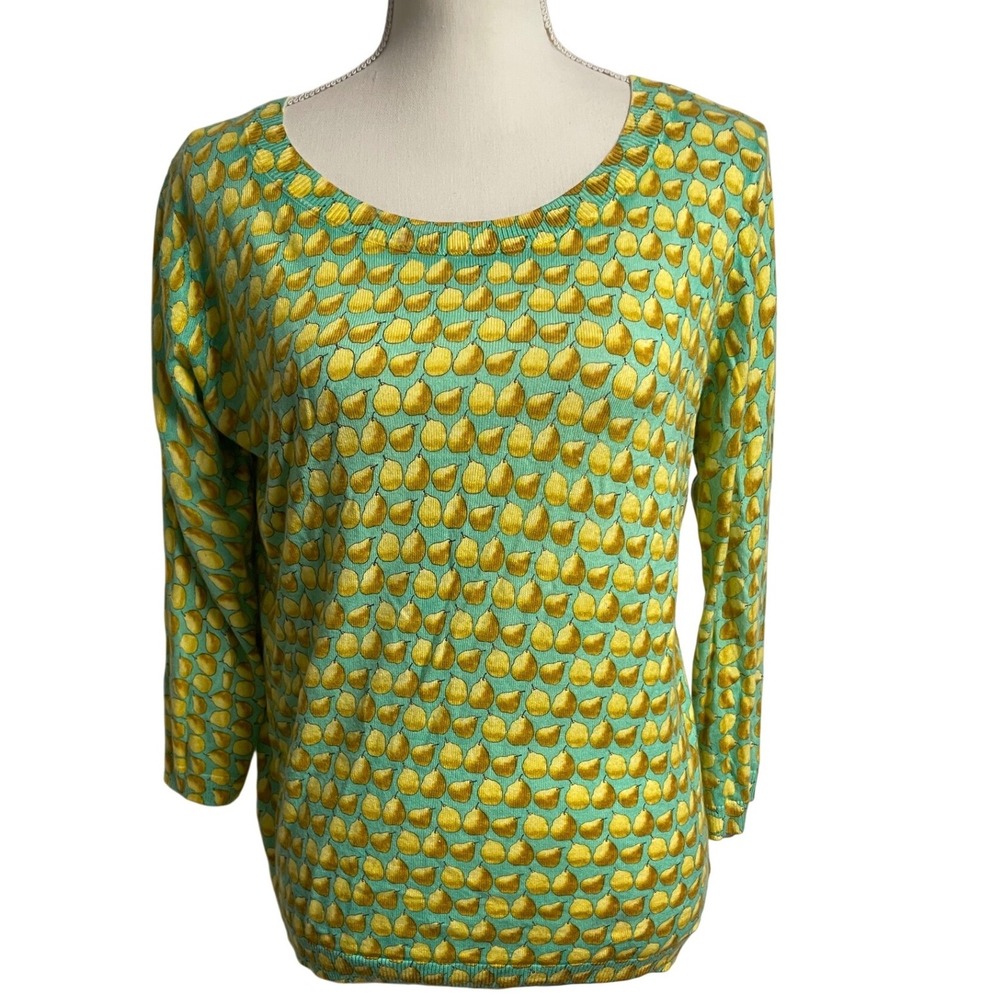 Talbots Green Yellow Pear Print Button Back Sweater Women's Medium